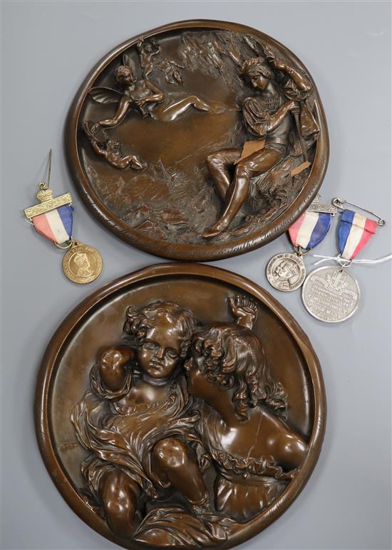 A copper electrolyte plaque depicting Ferdinand & Ariel after William Wyon and four other items,